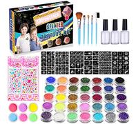 URFEDA Kit de tatouages à paillettes temporaires pour enfants, filles, adultes, 50 couleurs, pochoirs, strass, doux pour la peau, pour carnaval