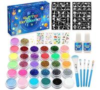 URFEDA Kit de tatouages temporaires à paillettes pour enfants, filles, adultes, 50 couleurs, pochoirs, strass, doux pour la peau, pour carnaval