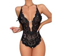 URFEDA Lingerie Une pièce Femmes Body Dentelle Florale évidée Sexy Racerback Lingerie Bodysuit Deep V sous-vêtements Lingerie Culotte Ouverte Grande Taille Vêtements De Nuit Femme(Noir/M)
