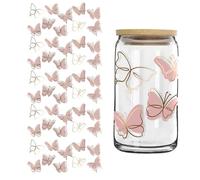 URFEDA Lot de 5 feuilles d'autocollants de transfert DTF - Motif papillon et fleurs - Bricolage - Pour gobelets en verre de 400 ml - Imperméables - Autocollants esthétiques pour tasses en verre, vase