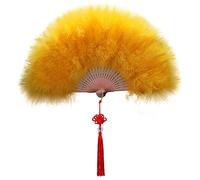 URFEDA Plume Éventail 1920s Vintage, Eventail en Bambou Creusé, Éventail Pliant de Dame, Ventilateurs Pliables Plumes avec Gland, pour Danseavec Gland Pliante Ventilateur de Femme Jaune d'or