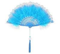 URFEDA Plume Éventail Vintage 1920s, Eventail Pliant Vintage en Dentelle avec Pompons, Éventail Pliant à Main pour Costume Danse Spectacle Mariage Fête Décoration Cadeaux Bleu Clair