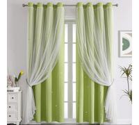 URFEDA Rideau Double Voilage à Dentelle Rideau Occultants Thermiques Rideaux étoilés Semi-translucide Rideaux Vert à Oeillets Voilages Intérieur Fenêtre en Polyester Souple Moderne 132x214cm