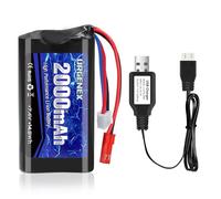 URGENEX 2S RC Batterie 2000 mAh 7,4 V Li-ion avec prise JST 2S rechargeable avec chargeur USB pour hélicoptère, voiture, camion et bateaux télécommandés
