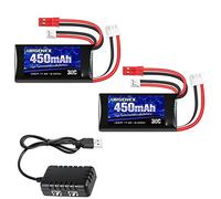 URGENEX Batterie Lipo 7,4 V 2S 30 C 450 mAh rechargeable avec prise JST et PH2.0 SCX24 avec chargeur USB 1to2 compatible avec la plupart des voitures télécommandées à l'échelle 1/10, 1/16, 1/18, 1/24