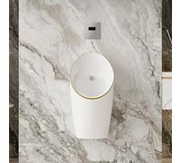 Urinal homme mural en céramique à motif marbré avec chasse d’eau automatique, urinal adulte anti-débordement et anti-odeur, adapté pour salle de bain(White+Gold,Concealed Sensor)
