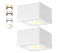 URing 2x Spots de plafond Blanc, Carré, Dimmable, IP44 salle de bain, Spot plafonnier plat Ø80x50mm, Comprend module LED remplaçable de 5W 550LM, 3CCT 3000K/4000K/6500K aluminium Spot LED en Saillie