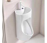 Urinoir Homme Anti-fuites avec Lavabo et Robinet Rétractable, Urinoir Mural e Céramique, Bouton-poussoir pour Tirer la Chasse D'eau, pour Bars, Hôtels, Toilettes Publiques