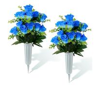 URMAGIC Lot de 2 Bouquets de Fleurs de Roses artificielles avec Vase, Fleurs commémoratives imperméables pour la décoration des cimetières, Arrangements de tombes pour Le Jour du Souvenir(Bleu)