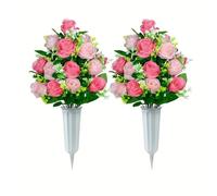 URMAGIC Lot de 2 Bouquets de Fleurs de Roses artificielles avec Vase, Fleurs commémoratives imperméables pour la décoration des cimetières, tombes pour Le Jour du Souvenir (Rose2)