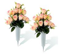 URMAGIC Lot de 2 Bouquets de Fleurs de Roses artificielles avec Vase, Fleurs commémoratives imperméables pour la décoration des cimetières, Arrangements de tombes pour Le Jour du Souvenir(Rose)