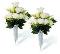 URMAGIC Lot de 2 Bouquets de Fleurs de Roses artificielles avec Vase, Fleurs commémoratives imperméables pour la décoration des cimetières, Arrangements de tombes pour Le Jour du Souvenir(Blanc)