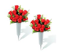 URMAGIC Lot de 2 Bouquets de Fleurs de Roses artificielles avec Vase, Fleurs commémoratives imperméables pour la décoration des cimetières, Arrangements de tombes pour Le Jour du Souvenir(Rouge)