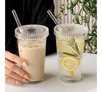 URMAGIC Lot de 2 Verres Nervurés Avec Couvercles et Pailles - 375 ml, Style Vintage, Rayures Verticales - Tasses à Café Glacé, Verrerie Côtelée, Verre Ondulé - Pour Bière et Autres Boissons