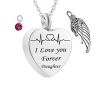 Urn Necklace Human Ashes,Heart with Angel Wing Birthstone and ECG Engraving I Love You Forever Daughter Urn Pendant Stainless Steel Necklace Urns for Ashes