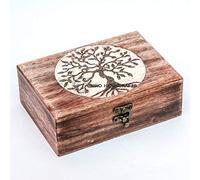 Urne antique en bois faite à la main avec gravure arbre de vie sculptée à la main pour femmes-hommes | Décorations d'intérieur | Boîtes décoratives | Rangement et organisateur (17,8 x 14 x 8,9 cm