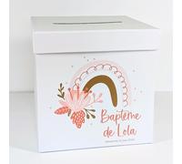 Urne Blanche personnalisée | Urne Anniversaire, Bapteme, Communion, Mariage, Retraite - Cagnotte - Boite - Tirelire | 20 x 20 x 20 CM | Made in France | TE Whaka (Arc-en-Ciel (Rose))