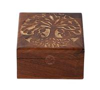 Urne en bois antique faite à la main avec gravure arbre de vie sculptée à la main pour femmes-hommes | Décoration d'intérieur | Boîtes décoratives | Rangement et organisateur (11,4 x 11,4 x 6,3 cm