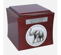 Urne funéraire moderne en bois avec motif éléphant | Option de plaque gravée personnalisée | Construction à chargement par le bas (plaque YES)