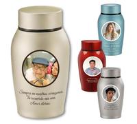 Urne funéraire souvenir en acier au titane pour cendres humaines | Portrait en couleur personnalisé et lettrage en cristal | Petite urne funéraire fabriquée à la main (2, or champagne)