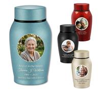 Urne funéraire souvenir en acier au titane pour cendres humaines | Portrait en couleur personnalisé et lettrage en cristal | Petite urne funéraire fabriquée à la main (3, bleu clair)