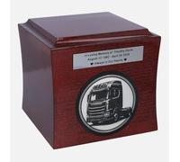 Urne funéraire Trucker Tribute - Élégante boîte à cendres en bois d'acajou avec motif de camion gravé, parfaite pour les conducteurs et les transporteurs (plaque oui)