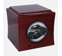 Urne hommage au conducteur de bus - Élégante boîte à cendres en bois d'acajou avec gravure en bus, plaque nominative personnalisée incluse (design 1)
