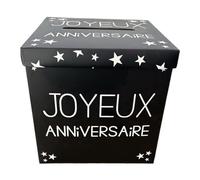 Urne Joyeux Anniversaire Noire et Blanche I Classique en Carton 20 x 20 x 20 cm I Motif Etoiles Fête Cartes Enveloppes Petits Cadeaux I Adultes Enfants Décoration Table
