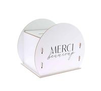 Urne Ronde en Bois avec Inscription Gravée Merci Beaucoup, 30 cm x 24,5 cm x 21 cm, Fente Large, Montage Rapide, Réutilisable, Décoration Mariage, Baptême, Anniversaire (Blanc)