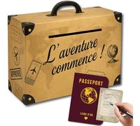 Urne Voyage Valise avec Livre d’Or Passeport | Boîte à Enveloppes et Tirelire Cagnotte Originale pour Mariage, Anniversaire, Départ ou Vacances | Décoration Thème Voyage 30x20x10 cm (URNE VOYAGE)