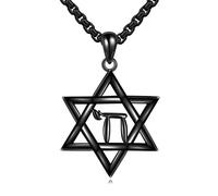 URONE Chaîne en argent 925 avec pendentif en forme d'étoile de David Noir Avec étoile Chai David Bijoux cadeaux pour homme et femme, Argent sterling, Pas de gemme