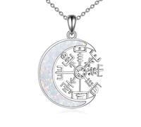 URONE Collier boussole viking en argent sterling avec coquillage d'ormeau et boussole - Bijoux pour femme - Pendentif norse Vegvisir - Cadeau pour Pagan nordique (lune opale), Argent sterling, Opale