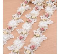 URROMA 2 Yards Bordure en Dentelle Perlée à Fleurs 3D Rubans Style Vanille Bretelles de Robe à Appliques Florales pour Tissu Broderie Couture Artisanat
