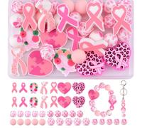 URROMA 39 Pièces de Perles Focales en Silicone - Ruban Rose Mélangées - Rondes et Hexagonales - Bijoux de Sensibilisation au Cancer du Sein - Porte-Clés - Fabrication de Bijoux