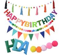 URROMA Bannière pré-enfilée « Happy Birthday » - Guirlande de boules en feutre 3D arc-en-ciel - Pompons arc-en-ciel réutilisables - Décorations d'anniversaire pour adultes
