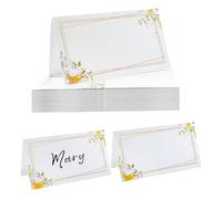URROMA Lot de 100 cartes pliantes vierges avec cadre doré et fleurs jaunes pour table de dîner, banquet, décoration de table de mariage