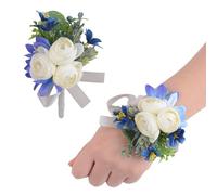 URROMA Lot de 2 Fleurs artificielles pour Poignet de Mariage, Corsage de Poignet et boutonnière, pour Mariage, Demoiselle d'honneur, fête, Bal de Fin d'année, Blanc et Bleu