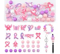URROMA Lot de 32 Octobre Rose perle de silicone sensibilisation au cancer du sein perles Billes de silicone ruban rose du pour porte-clés, bracelets, bijoux