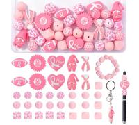 URROMA Lot de 35 Octobre Rose perle de silicone sensibilisation au cancer du sein perles Billes de silicone ruban rose du pour porte-clés, bracelets, bijoux