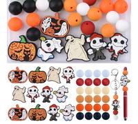 URROMA Lot de 36 perles focales rondes lumineuses en silicone pour Halloween, fantôme, citrouille, collier, boucles d'oreilles, porte-clés, bracelet, stylo, loisirs créatifs, accessoires de bricolage