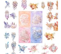 URROMA Lot de 40 autocollants holographiques à paillettes en forme de plume, attrape-rêves, scrapbooking, esthétiques, brillants, autocollants transparents et imperméables