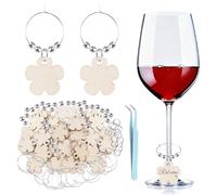 URROMA Lot de 50 breloques en bois pour verres à vin, anneaux en forme de fleur, pouvant être écrits, marqueurs vierges pour boissons, dégustation, mariage, fête d'anniversaire