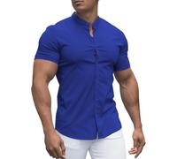 URRU Chemise moulante pour homme, coupe ajustée, col à bandes, manches longues et courtes, chemise boutonnée décontractée, Manches courtes - Bleu roi, Taille L