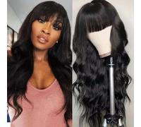 Urshiney Perruque Cheveux Humains avec Frange 18 Pouces (45 cm) Perruque Bou Femme Naturelle Brésilien Body Wave Human Hair Wigs Densité de 180% Couleur Noire Naturelle