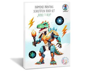 URSUS 10020002F - Diamond Painting Set de décoration Robo T-Rex pour Un Cornet d'école, 4 Feuilles de Carton de Bricolage, prédécoupées, avec des Pierres de Diamant et Un Ruban de Satin