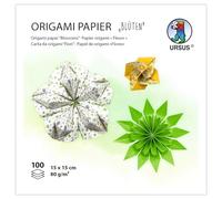 Ursus 2298 55 03 - Papier origami "Fleurs", jaune/vert, 100 feuilles, 80 g/m², 15 x 15 cm, 7 motifs assortis, imprimé recto-verso, avec instructions de pliage, papier à plier pour bricolage & déco