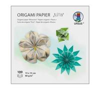 Ursus 2298 55 04 - Papier origami "Fleurs", bleu/vert, 100 feuilles, 80 g/m², 15 x 15 cm, 7 motifs assortis, imprimé recto-verso, avec instructions de pliage, papier à plier pour bricolage, DIY & déco
