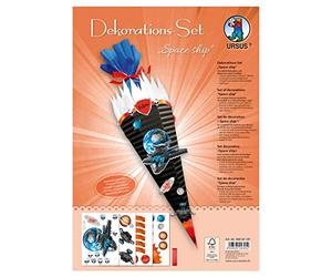 URSUS 9880018F Décoration vaisseau spatial DIN A4 Set de matériaux pour décorer un sac d'école, avec 4 feuilles de carton de bricolage 350 g/m² (imprimées et prédécoupés des deux côtés) et ruban en...