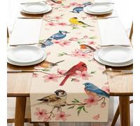 Uruney Chemin de table printemps été oiseaux fleurs cerisier cardinal geai bleu chardonneret décoration de table de cuisine, moineau, toile de jute, décoration d'intérieur ou d'extérieur, fournitures