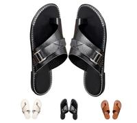 URWEIGH Sandales Orthopédiques Légères En Cuir De Qualité Supérieure, Sandales Plates En Cuir Pour Femmes, Tongs à Bout Ouvert Et Sangle à Boucle (Noir,37)
